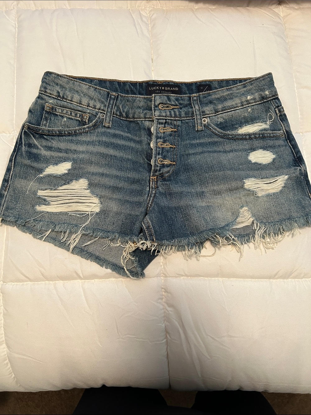 Lucky Brand Frayed Hem Distressed Jean Shorts - Medium Blue- The Cut Off